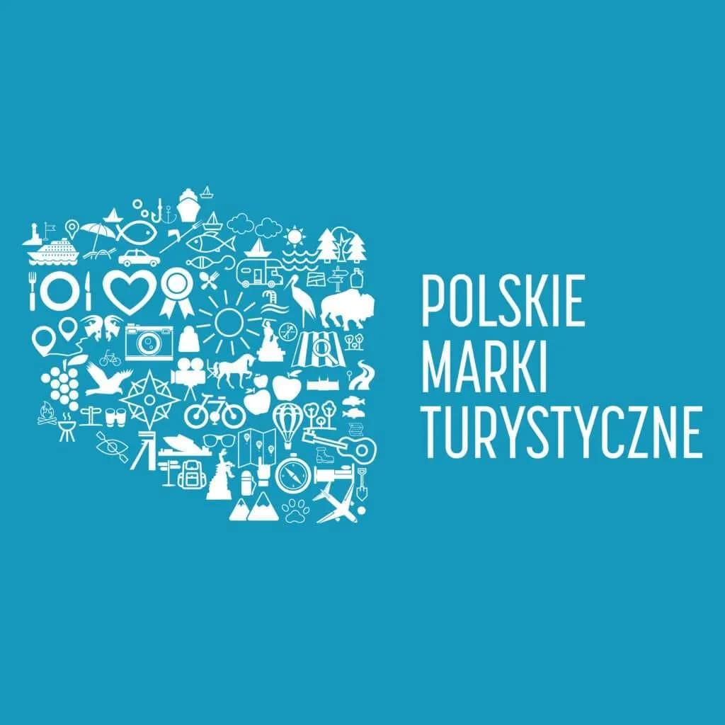 A blue background features white vector icons forming the shape of Poland, with accompanying white text on the right that reads "POLSKIE MARKI TURYSTYCZNE."
